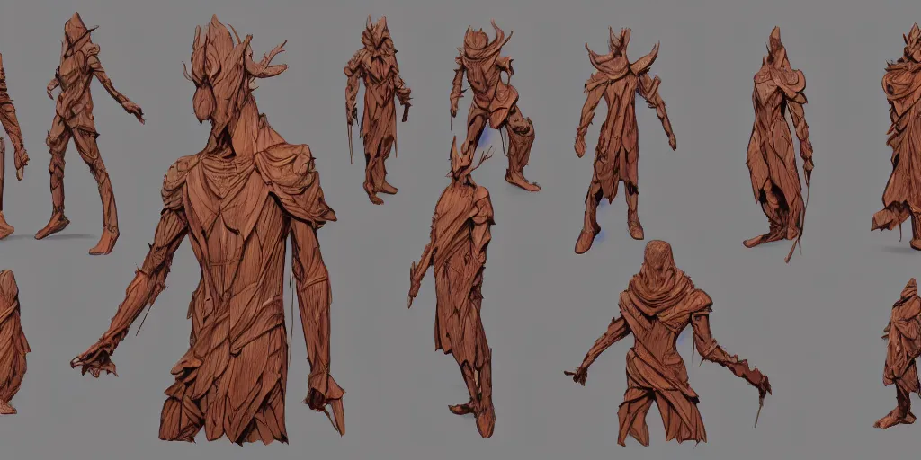 Image similar to wooden figure design, character sheet, Moebius, Greg Rutkowski, Zabrocki, Karlkka, Jayison Devadas, Phuoc Quan, trending on Artstation, 8K, ultra wide angle, zenith view, pincushion lens effect.