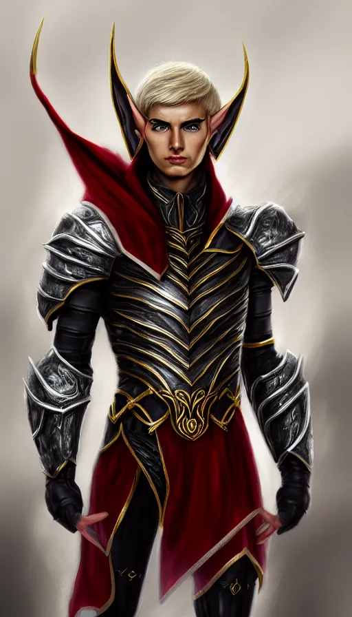 Prompt: A medium shot portrait of a male elf, he is about 20 years old, attractive, lean but muscular, serious composure, short silver hair, prideful look, he is wearing black heavy armor with gold plating and a red cape!!!, highly detailed portrait, digital painting, ArtStation, concept art, smooth, sharp focus illustration