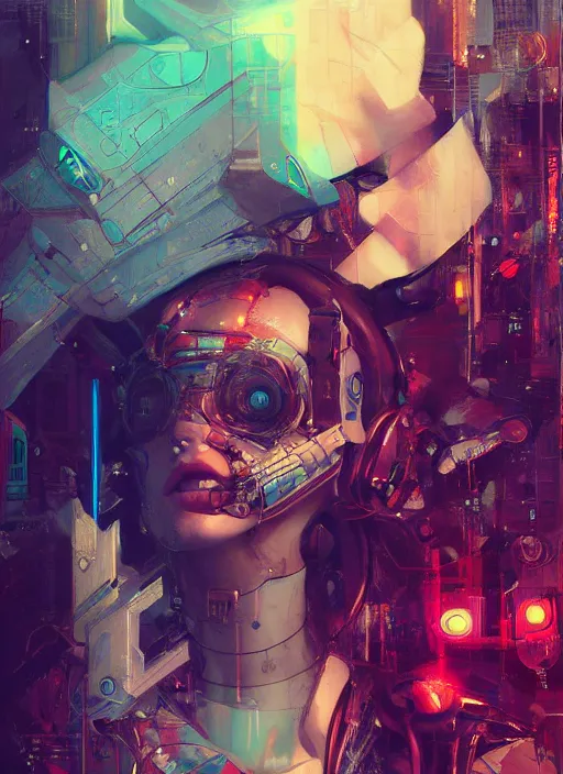 Prompt: surreal painting, by yoshitaka amano, by ruan jia, by conrad roset, by good smile company, by Kilian Eng, detailed anime 3d render of a female mechanical android, portrait, cgsociety, artstation, modular patterned mechanical costume and headpiece, cyberpunk atmosphere