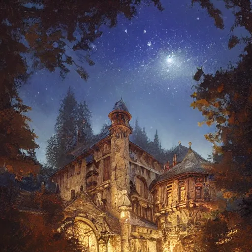 Prompt: a renaissance castle in a forest with a glowing night sky, upward angle, by craig mullins