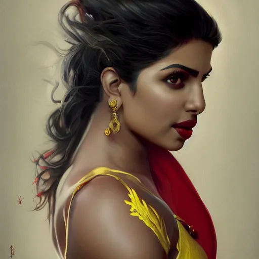 Prompt: portrait of priyanka chopra with bright red eyes, wearing a vail and a tight yellow silk dress, sultry body with sexy belly, fantasy, intricate, elegant, highly detailed, digital painting, artstation, concept art, matte, sharp focus, illustration, art by aenaluck and roberto ferri and greg rutkowski, epic fantasy, digital painting