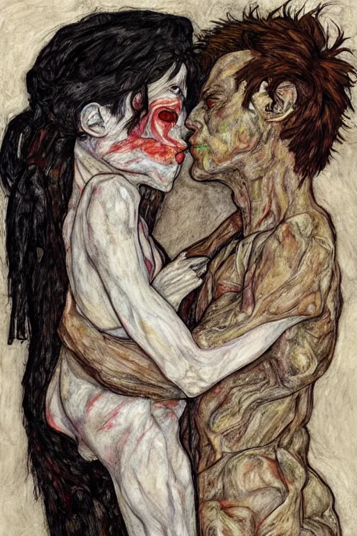 Image similar to two kissing characters in style of herakut and egon schiele, masterpiece, centered, hyperdetailed, complex, intricate, veiled, 4 k, dynamic!! trending on artstation,