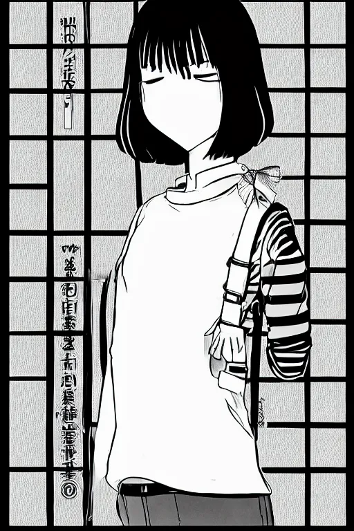 Image similar to portrait of a girl in long pants and a striped top, hands in pockets, eyes closed, bob haircut, digital art, black and white, lineart by kaoru mori