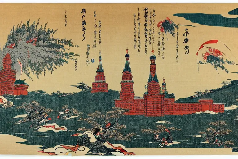 Image similar to moscow state university main building, being attacked by samurais, by katsushika hokusai