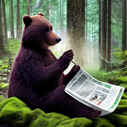 Image similar to UHD canndid photo of Yogi Bear squatting on a toilet in the woods, reading a newspaper, by Annie leibowitz, photorealisitc ,detailed