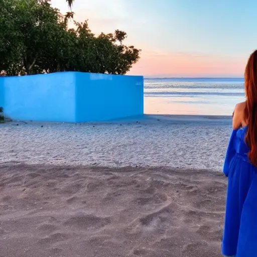 Prompt: a woman facing a blue portal on the street, which shows a beach at sunset