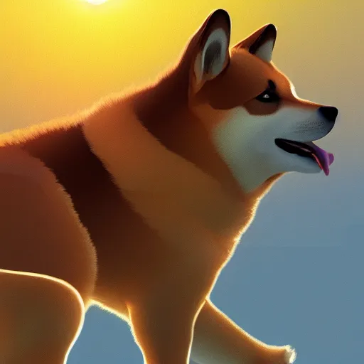 Prompt: The profile of a Shiba Inu shining golden in the setting sun, illustration, trending on artstation