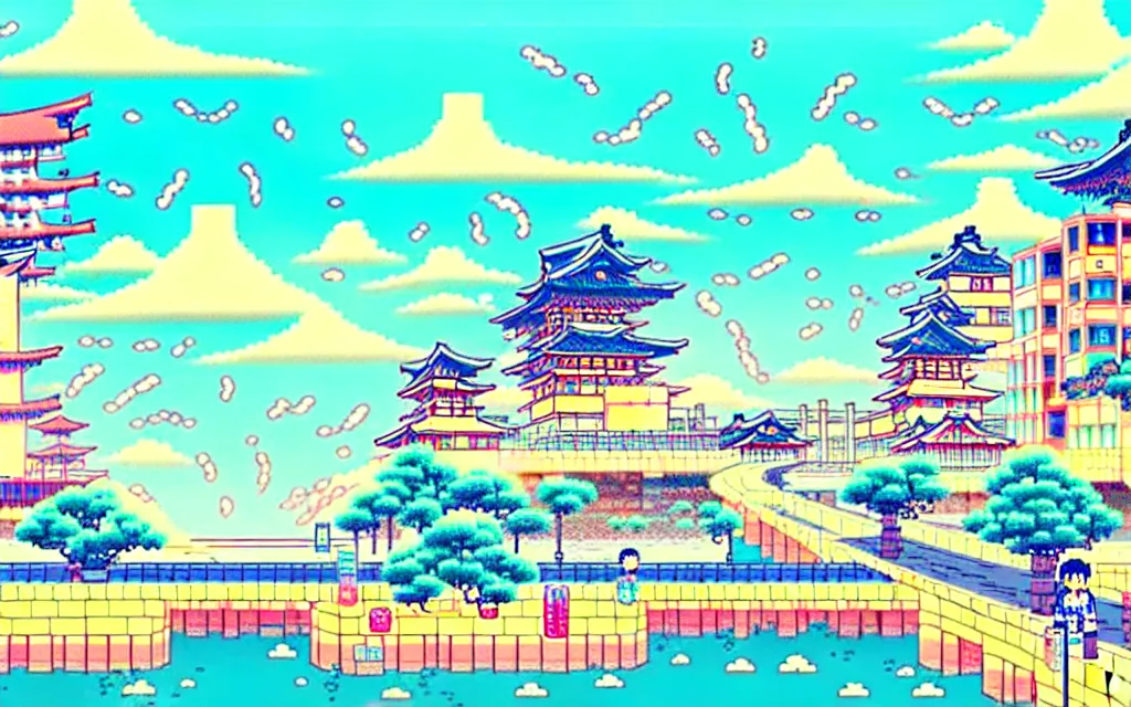 Image similar to a japanese city near the sea, lofi, dreamy, moody, very colorful, anime inspiration, ghibli vibe, pixelart