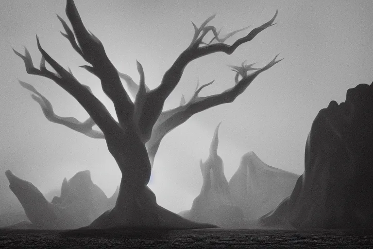 Prompt: a black and white photo of giant monster silhouette, in the style of ansel adams, octane render 8 k