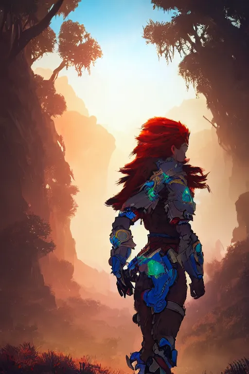 Image similar to combination suit armor aloy horizon forbidden west horizon zero dawn radiating a glowing aura global illumination ray tracing hdr fanart arstation by ian pesty and alena aenami artworks in 4 k tribal robot ninja mask helmet backpack