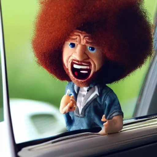 Image similar to a tiny screaming angry bob ross doll running your in rear view mirror