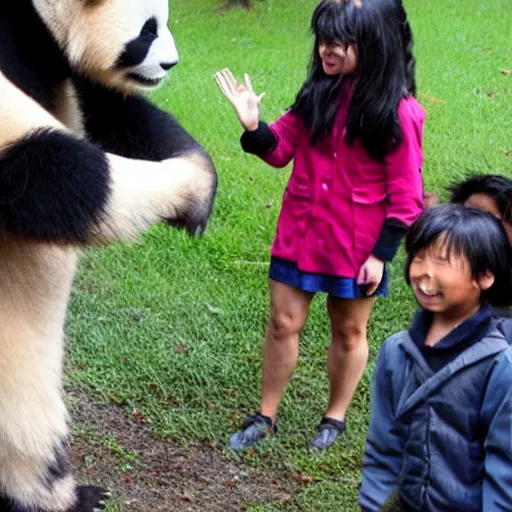 Image similar to A panda scaring childrens, award winning