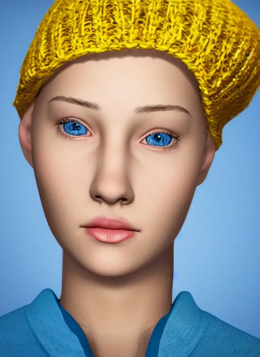 Prompt: portrait of a young lady with yellow short hair and brown eyes wearing small blue hat, computer painting, realistic volumetric lighting, detailed