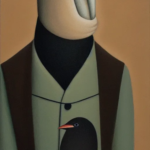 Image similar to a painting of a man with a bird on his shoulder, a surrealist painting by gertrude abercrombie. surrealism, dark, low contrast, featured on pixiv, precisionism, surrealist, art on instagram, detailed painting