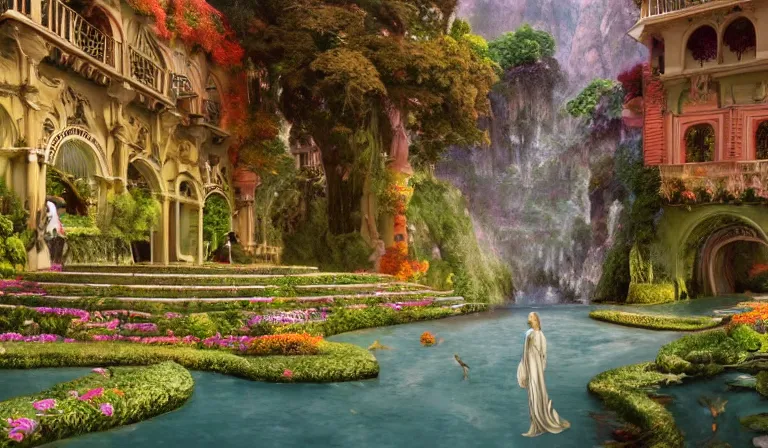 Prompt: dreamlike VILLA D'ESTE GARDENS fantasycore, glossy painting, Art Nouveau Cosmic 4k Detailed Matte Illustration featured on Getty Images ,CGSociety, Jade and Carrot orange color scheme, Pastiche by Marc Simonetti, Pastiche by Cedric Peyravernay