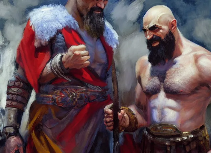 Image similar to a highly detailed beautiful portrait of kratos with nicolas maduro, by gregory manchess, james gurney, james jean