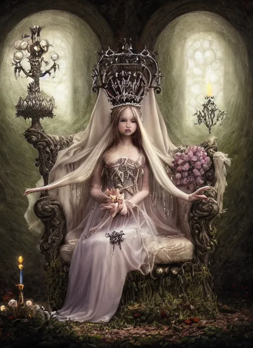 Prompt: highly detailed closeup, simple hand gestures, portrait of a gothic fairy princess wearing a crown and sitting on a throne, unreal engine, nicoletta ceccoli, mark ryden, earl norem, lostfish, global illumination, god rays, detailed and intricate environment