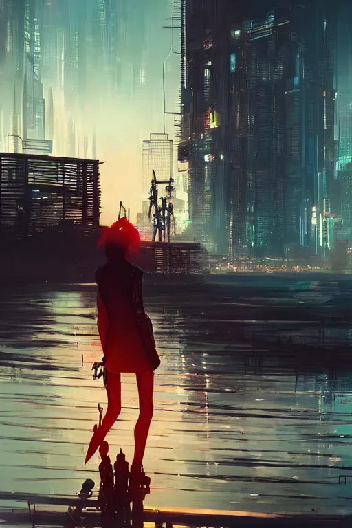 Image similar to a hitwoman is walking over water, sun set and skyscrappers of a cyberpunk city in the background, art by guweiz, dramatic lighting, highly detailed, incredible quality, trending on artstation