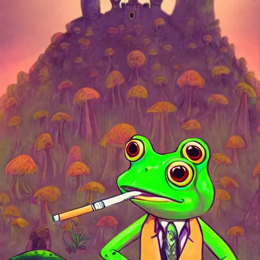 Image similar to A centered chest up portrait of a psychedelic demonic anthropomorphic frog smoking a hand-rolled cigarette smoking heavily , magic mushroom village in background . award winning. superb resolution. in the art style of junji Ito and greg rutkowski . Detailed Mushroom city in background. Hyper realistic anime. Perfect art. Dalle2