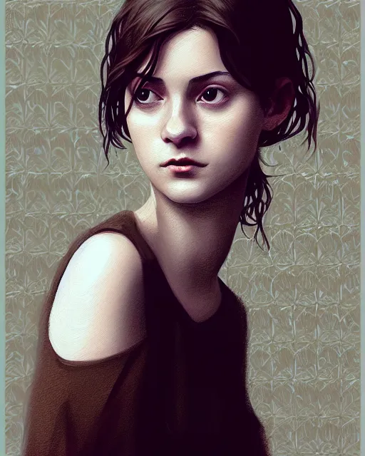 Image similar to portrait of a welsh teenage girl with brown hair, dark brown eyes, glowing skin, delicate features, quiet beauty, amelie poulain, young Mary Louise Parker, fantasy, intricate, elegant, dress shirt, highly detailed, digital painting, artstation, concept art, smooth, sharp focus, illustration, art by Krenz Cushart and Artem Demura and alphonse mucha