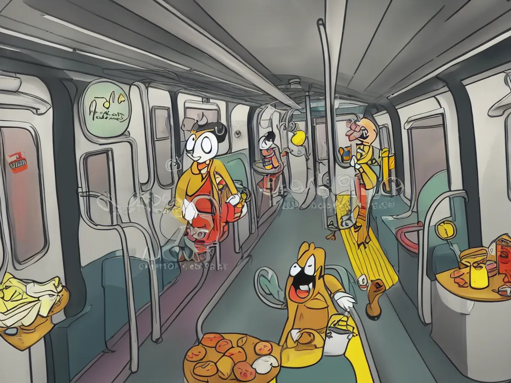 Image similar to a flat shaded cartoon character in a photo real subway car