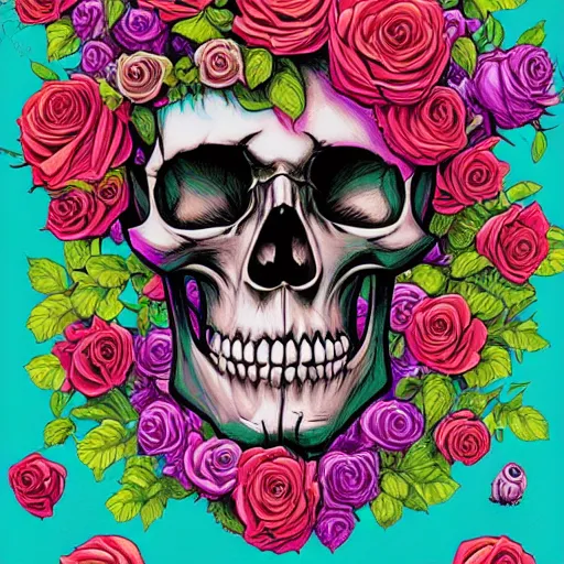 Image similar to large skull surrounded by vivid colorful roses, Jen Bartel, Dan Mumford, Satoshi Kon, gouache illustration