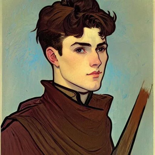 Prompt: portrait painting of young adult handsome human knight with short on the sides messy pompadour dark brown hair and blue eyes and strong jawline and small scar! under one eye named vidar, wearing armor!!, modest, masculine jawline!, squarish face shape, slightly round chin, art by alphonse mucha, vincent van gogh, egon schiele