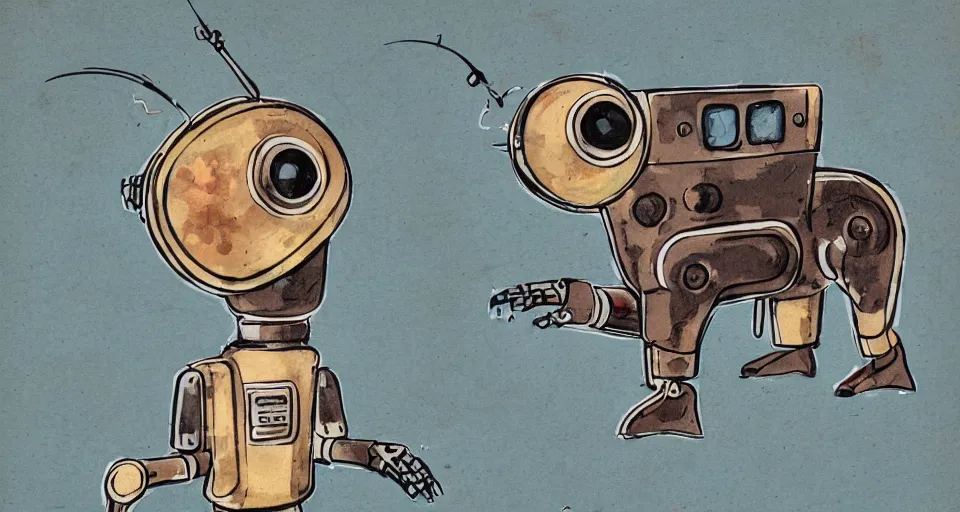 Image similar to a detailed illustration of a cute retro robot dog, alcohol inks on parchment, muted colors, detailed, textured parchment background, 1 9 5 0 s concept art