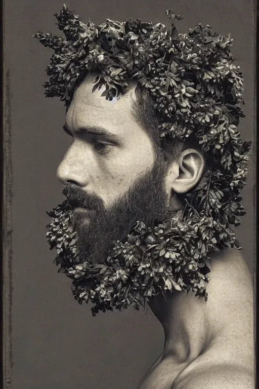 Prompt: a young man's face in profile, long beard, made of flowers and fruit, in the style of the Dutch masters and Gregory crewdson, dark and moody