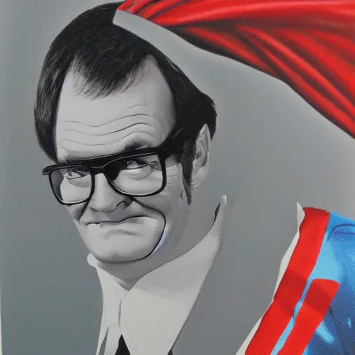 Image similar to portrait of charles nelson reilly dressed as superman, paint on black velvet, realistic, detailed