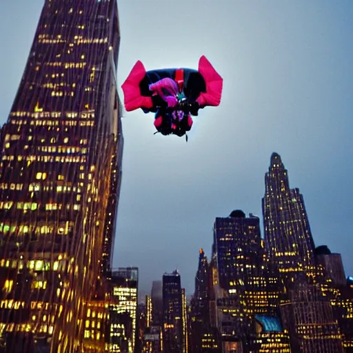 Image similar to baby yoda skydiving onto new York city at night