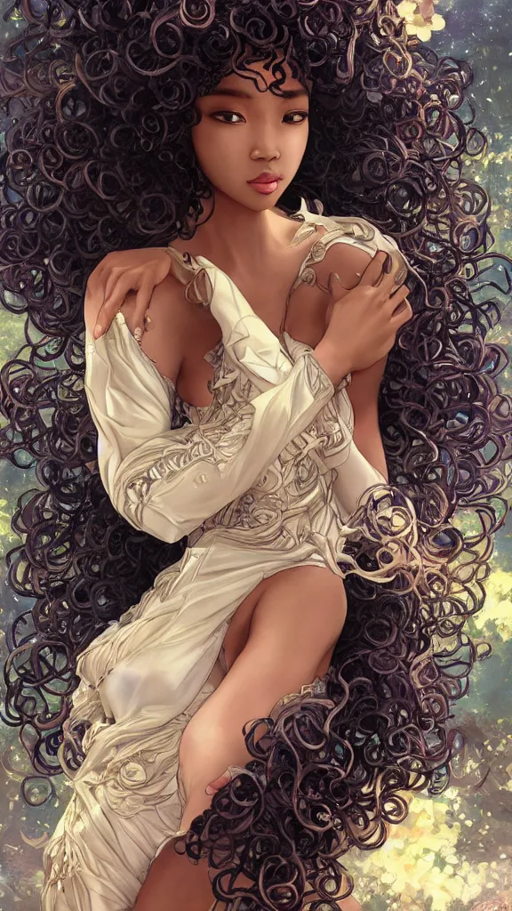 Prompt: ultra realistic elegant futuristic art, beautiful alluring anime blasian woman, afro big curls, haute couture intricate dress, gorgeous face and figure, sci - fi, fantasy, intricate, elegant, highly detailed, digital painting, artstation, concept art, smooth, sharp focus, illustration, art by tian zi and yuxiang chen and alphonse mucha and greg rutkowski