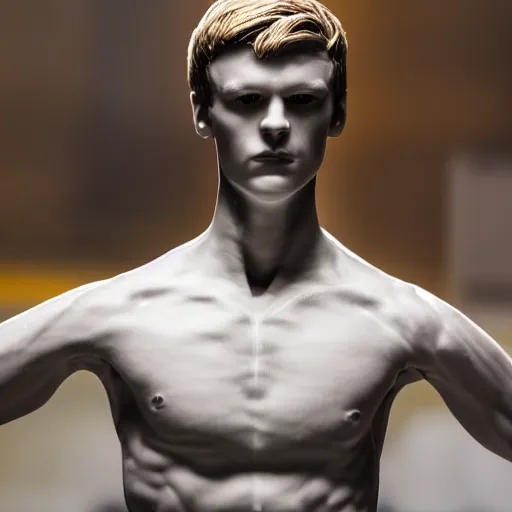 Image similar to a realistic detailed photo of a guy who is an attractive humanoid who is half robot and half humanoid, who is a male android, soccer player martin ødegaard, shiny skin, posing like a statue, blank stare, by the pool, on display, showing off his muscles, humanoid robot, frozen ice statue