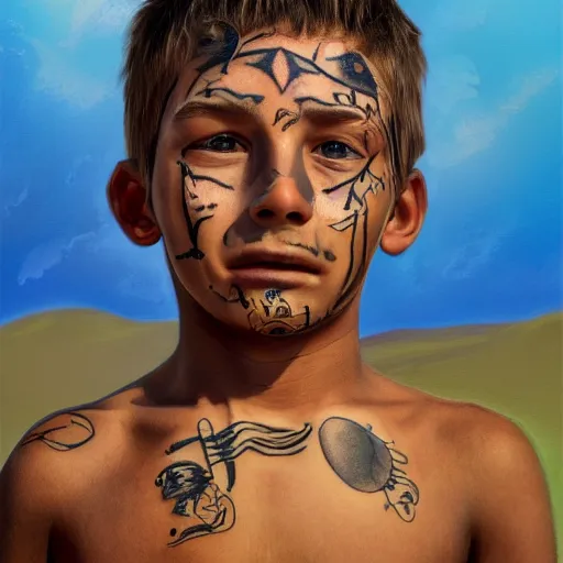 Image similar to a detailed portrait of a boy with a face tattoo in the desert, art illustration, incredibly highly detailed and realistic, 8 k, sharp focus