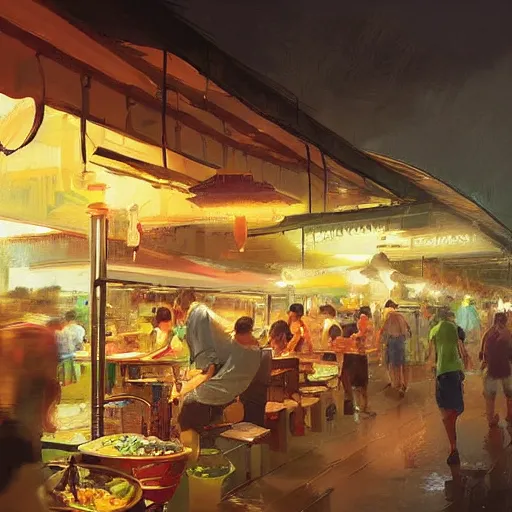 Image similar to a singaporean hawker centre at night, by greg rutkowski, digital art, award - winning