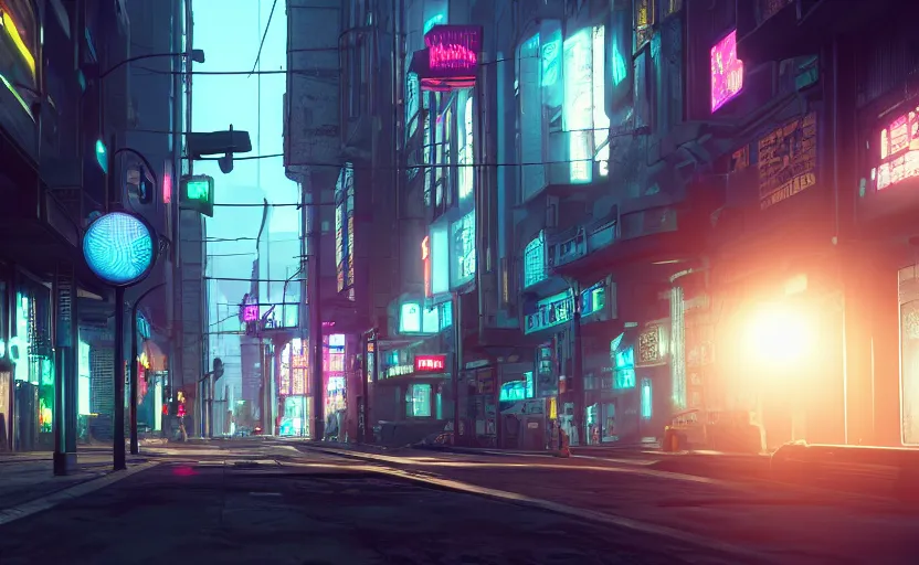 Image similar to photorealistic cyberpunk city streets. daylight. sunlight. lens flare. light fixtures. 8K. detailed. photorealism. artstation. 25mm f/1.7 ASPH Lens. ultra realistic