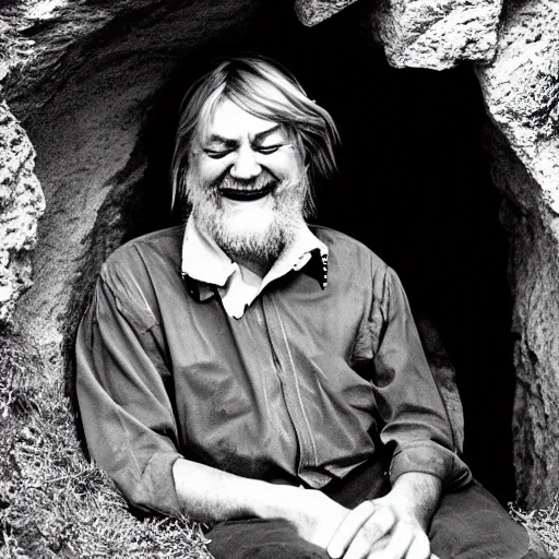 Image similar to laughing robert wyatt sitting in a cave