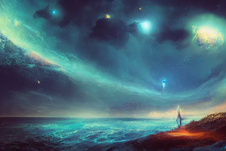 Image similar to glitched fantasy painting, the night sky is an upside down ocean, digital rectangular vhs glitches, digital noise, the stars are fish in the depths, the night sky is a sea, distant nebula are glowing algae, the moon is an anglerfish by jessica rossier