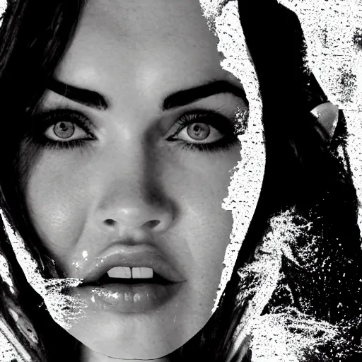 Prompt: megan fox face in beautiful mountains, double - exposure effect, in the style of dan mountford, amazing detail, black and white