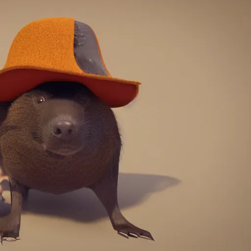 Prompt: mole the animal with an elegant hat on a wheelchair, octane render, 3 d render, 3 d, high details, 8 k, sharp focus