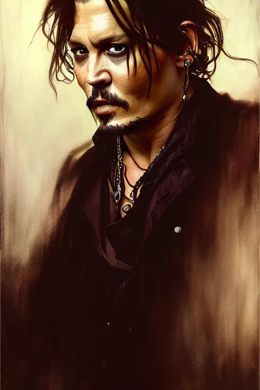 Image similar to hyperrealist portrait of johnny depp by jeremy mann and alphonse mucha, fantasy art, photo realistic, dynamic lighting, artstation, poster, volumetric lighting, very detailed faces, 4 k, award winning