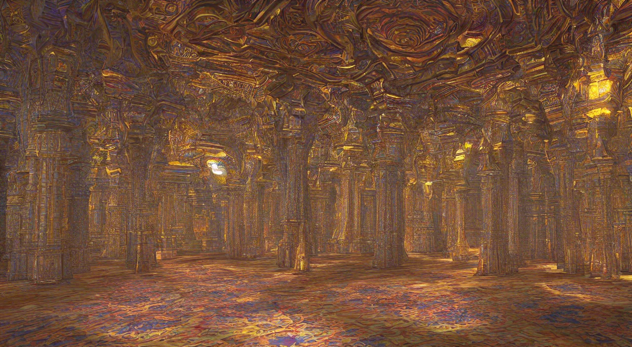 Image similar to 3d Fractal hindu temple mosque interior, dmt, shiny