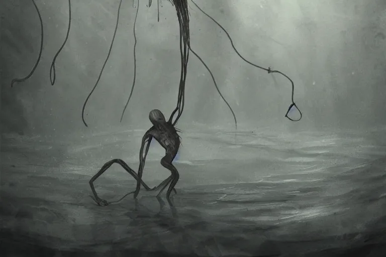 Image similar to a creepy drowned man crawling out of the water, strings of black goo hanging from his arms, very long arms, extremely long fingers, standing in shallow water, drowned, unsettling, creepy, artstation, cgsociety