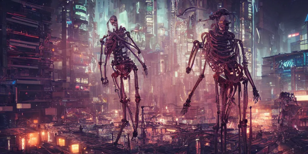 Prompt: Cyberpunk Skeleton, realistic 4k octane beautifully detailed render, 4k post-processing, highly detailed, intricate complexity, epic composition, magical atmosphere, cinematic lighting, masterpiece, ultra hd