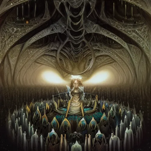 Image similar to a quantum computer, a dark cabal of multiple hooded elven mystics in long robes gathered in a circular formation around a quantum computer, highly advanced technology, dan seagrave, michael whelan art, beautifully detailed epic scifi fantasy art, symmetrical, cgsociety, artstation