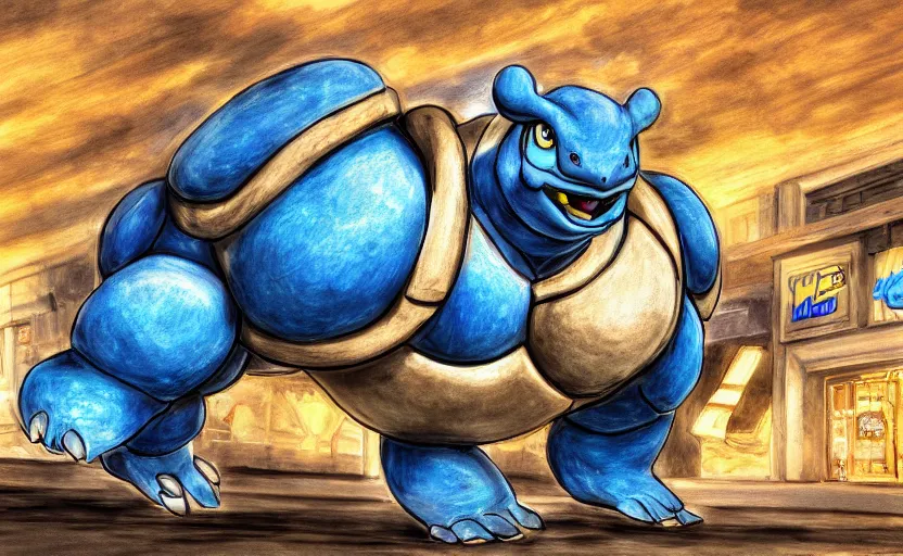 Image similar to blastoise at the shopping mall, pokemon art, perfect shading, detailed, 4 k