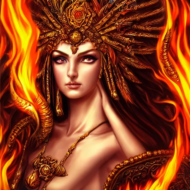 Image similar to perfectly centered close up portrait, goddess of fire, candid photography, by anne stokes, highly detailed, character concept