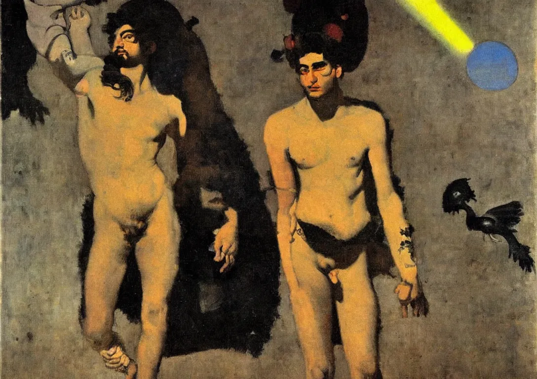 Image similar to a punk latino greek god following a watchful light through the streets of a city, muted color scheme, sparse detail, by george luks, joan miro and moebius