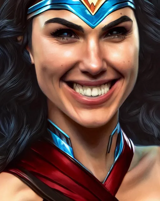 Prompt: cu portrait photo of a smiling gal gadot playfully sticking out her tongue while dressed as wonder woman, photorealistic, trending on artstation