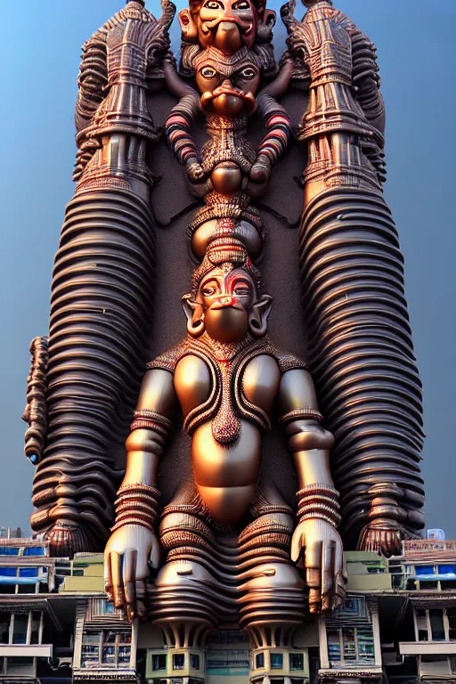 Image similar to high quality 3 d futuristic biomrphic hanuman! head building in mumbai!! centre, kalighat, highly detailed, cinematic smooth, berenice abbott & john j. park, dramatic warm morning light, long shot, low angle, uhd 8 k, sharp focus